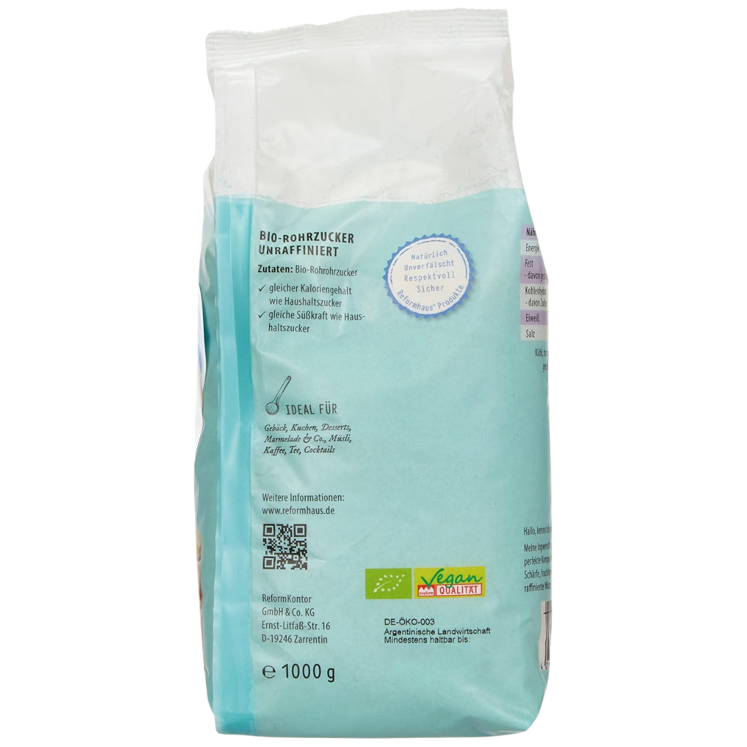 Reformhaus Rohrohrzucker Gold Bio 1 kg Rückseite – Zutaten, Anwendungstipps und Herkunft des unraffinierten Bio-Zuckers aus Argentinien