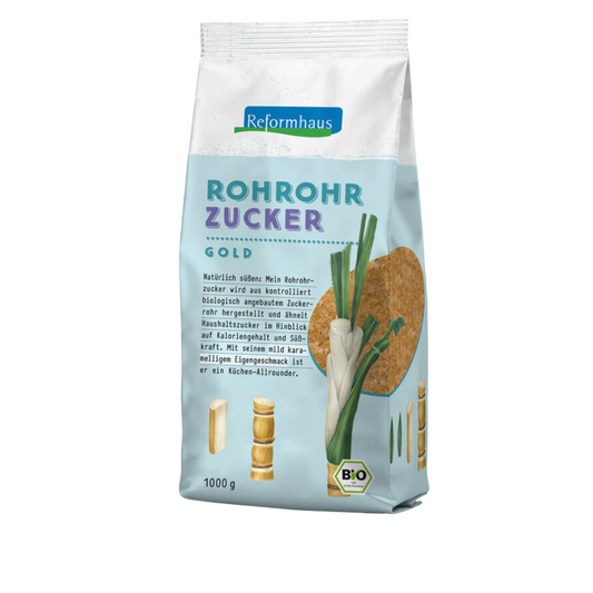 Reformhaus Rohrohrzucker Gold Bio 1 kg – unraffinierter Zucker aus kontrolliert biologischem Zuckerrohr, mild karamellig im Geschmack, ideal für Küche und Backstube