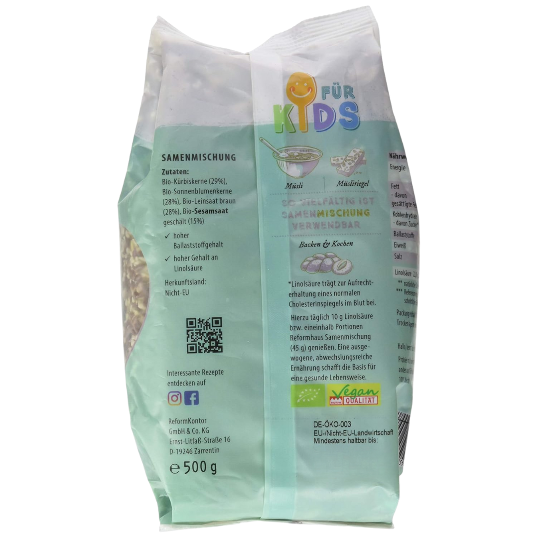 Reformhaus Samenmischung Bio 500 g Rückseite – Zutatenliste mit Kürbiskernen, Sonnenblumenkernen, Leinsaat und Sesam, Ballaststoffquelle mit hohem Linolsäuregehalt