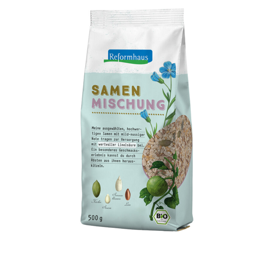 Reformhaus Samenmischung Bio 500 g – nährstoffreiche Mischung aus Kürbis-, Sonnenblumen-, Leinsamen und Sesam in wiederverschließbarem Beutel