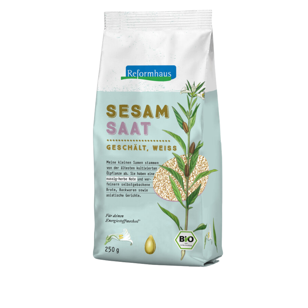 Reformhaus Sesamsaat geschält weiß Bio 250 g – mild-nussige, ungeröstete Sesamsamen in Bio-Qualität zum Backen und Verfeinern asiatischer Gerichte
