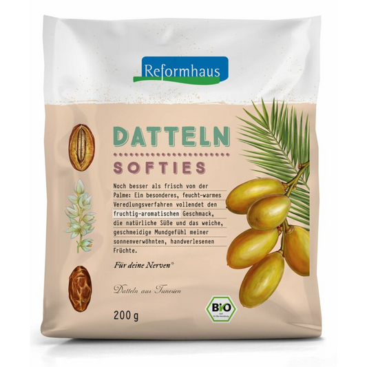 Reformhaus Datteln Softies Bio 200 g – handverlesene, fruchtig-aromatische Datteln mit weicher Konsistenz, veredelt durch feucht-warme Verarbeitung