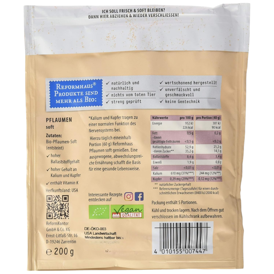 Reformhaus Pflaumen Softies Bio 200 g Rückseite – Zutatenliste, Nährwerte, Herkunft USA und Produktangaben zu ballaststoffreichen, entsteinten Trockenpflaumen