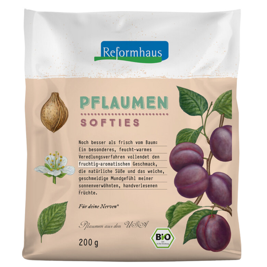 Reformhaus Pflaumen Softies Bio 200 g – handverlesene, fruchtig-aromatische Soft-Pflaumen mit natürlicher Süße und weicher Konsistenz, aus den USA