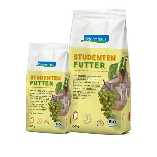 Packshot mit Reformhaus Studentenfutter Bio 200 g und 450 g – klassische Bio-Nuss-Frucht-Mischung in zwei Größen mit Bio-Siegel