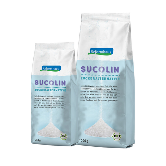 Packshot der Reformhaus Sucolin Bio Zuckeralternative in 500 g und 1000 g – Bio-zertifizierte kalorienfreie Alternative zu Zucker