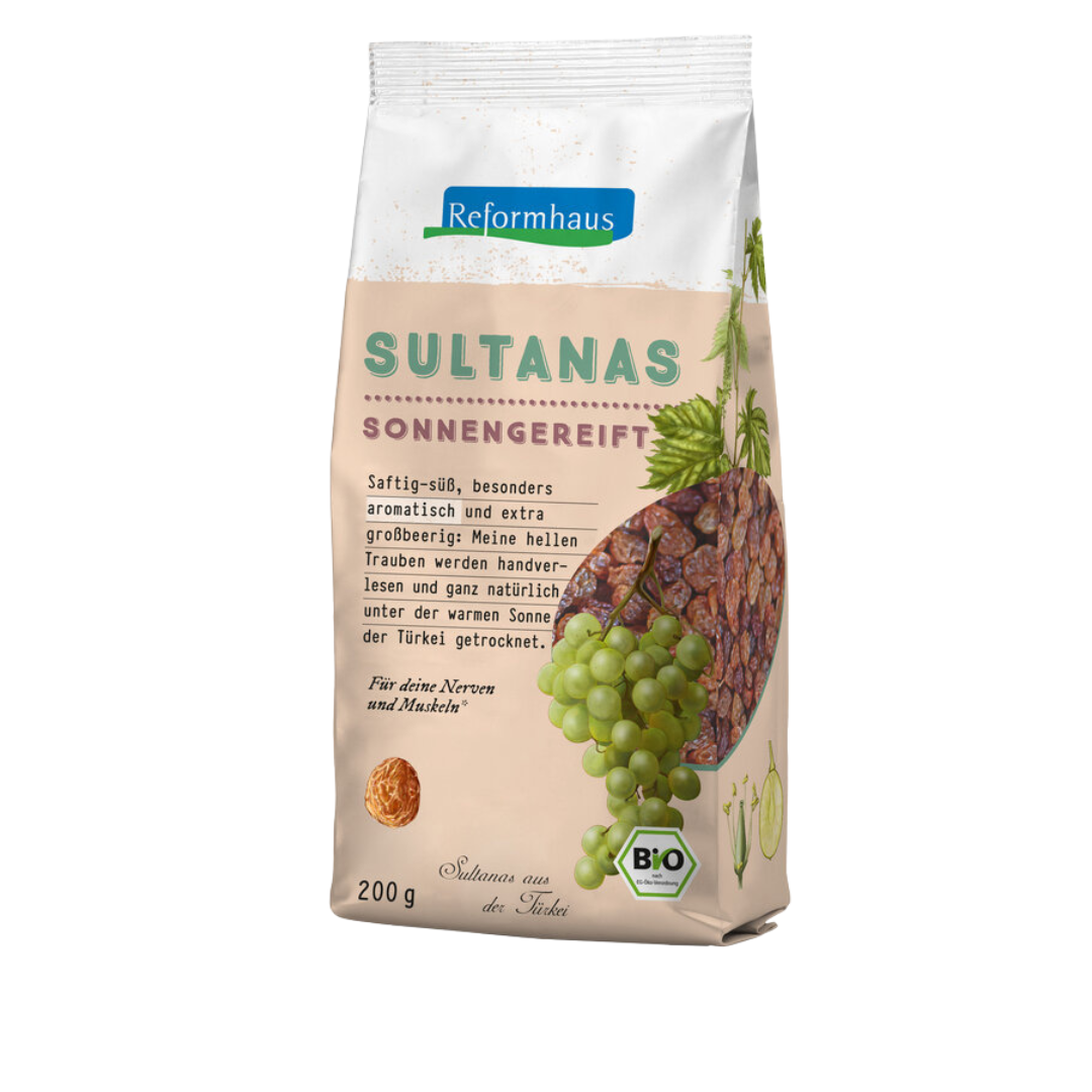 Reformhaus Sultanas Bio 200 g – getrocknete, süße Bio-Weinbeeren aus sonnengereiften Trauben, naturbelassen