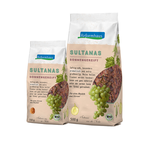 Packshot der Reformhaus Sultanas Bio in 200 g und 500 g – natürliche Trockenfrüchte aus sonnengetrockneten Trauben aus der Türkei