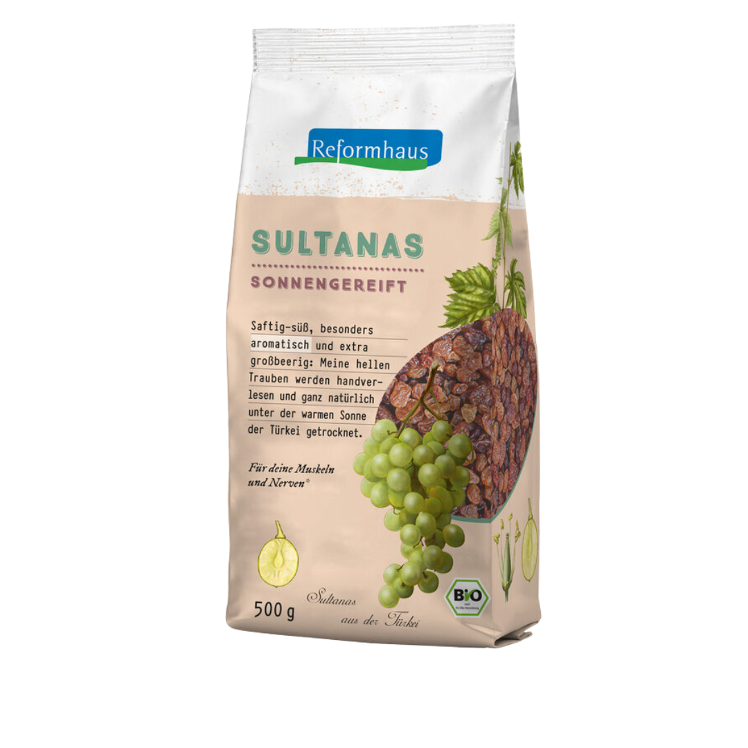 Frontansicht Reformhaus Sultanas Bio 500 g – sonnengereifte, aromatische Weinbeeren aus der Türkei in Bio-Qualität