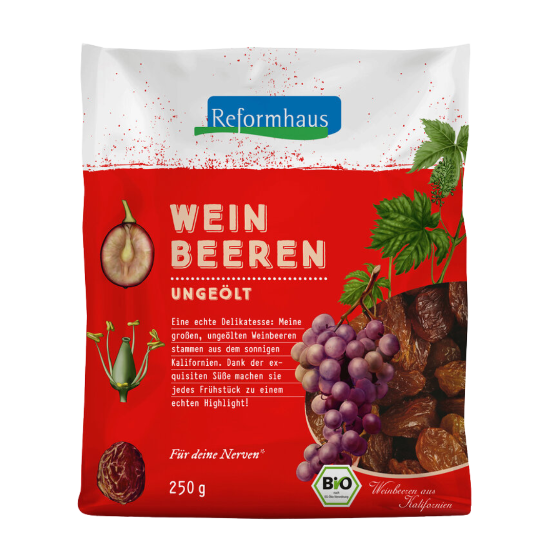 Reformhaus Bio-Weinbeeren 250 g ungeölt – kernlose Rosinen aus Kalifornien ohne Ölzusatz, ideal zum Frühstück oder Backen