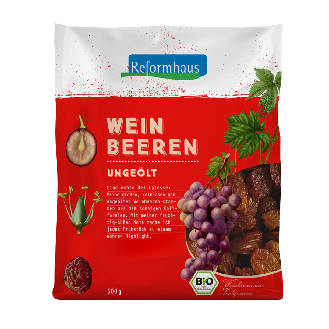 Reformhaus Weinbeeren Bio 500 g ungeölt – große, ungeölte kalifornische Rosinen mit natürlicher Süße