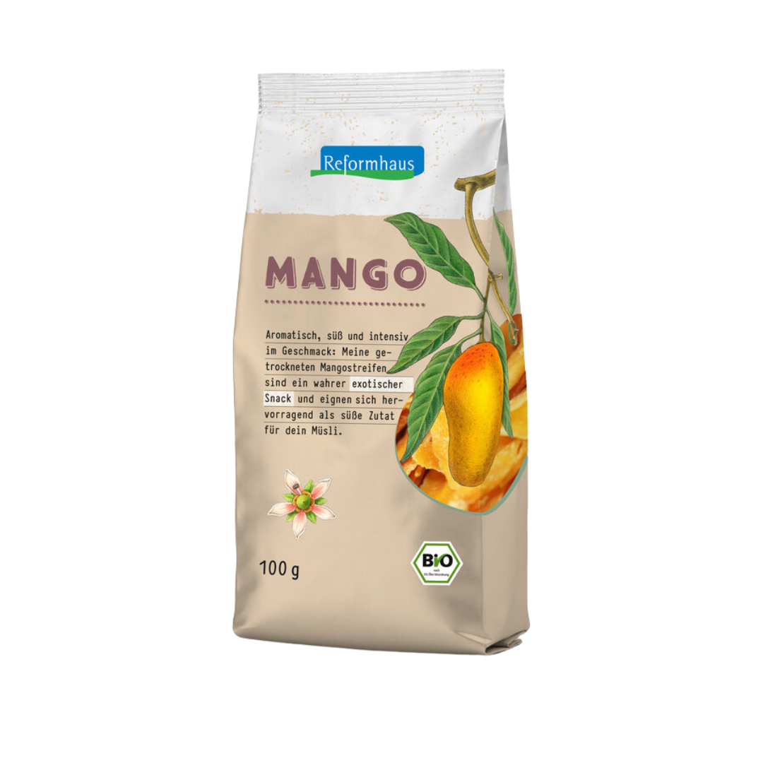 Frontansicht der Reformhaus getrockneten Mangostreifen Bio 100 g – aromatisch-süßer Fruchtsnack in Bio-Qualität, ideal für Müsli und zwischendurch.