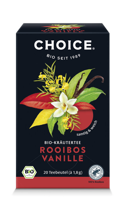 Eine Packung des Bio-Kräutertees 'Rooibos Vanille' der Marke Choice. Die Verpackung ist dunkelblau mit einem großen Bild von roten und grünen Blättern, Vanilleblüten und einer Vanilleschote. Oben steht in weißer Schrift 'Choice' und darunter 'Bio seit 1989'. Unten steht 'Bio-Kräutertee Rooibos Vanille' in roter Schrift. Es sind 20 Teebeutel à 1,8 g enthalten. Das Produkt ist als samtig und weich beschrieben und trägt das Bio-Siegel sowie das Rainforest Alliance Zertifikat.vvvv