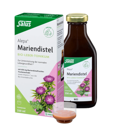 Salus Alepa Mariendistel Bio-Leber-Tonikum (250 ml) mit Flasche, Verpackung und Dosierbecher.