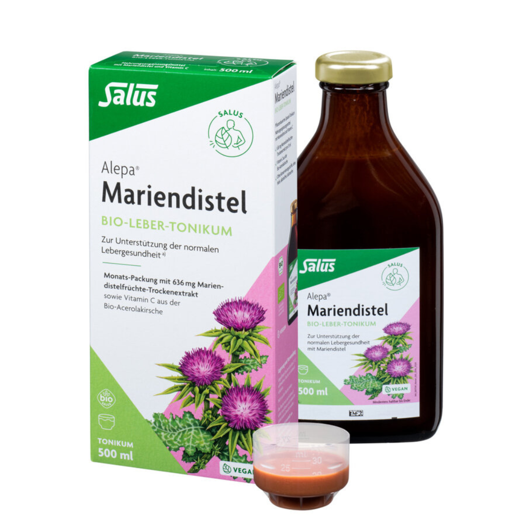 Salus Alepa Mariendistel Bio-Leber-Tonikum (500 ml) mit Flasche, Verpackung und Dosierbecher.
