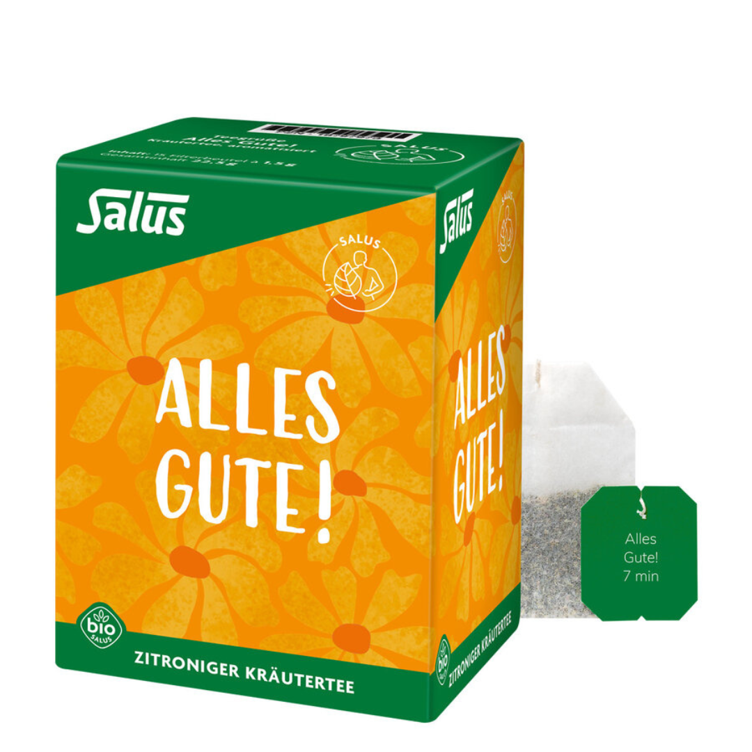 Salus Alles Gute Zitroniger Kräutertee Bio – Packung mit 15 Filterbeuteln und einzelner Teebeutel mit Anhänger