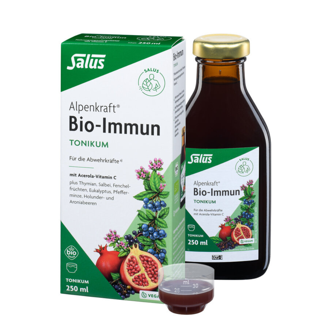Salus Alpenkraft Bio-Immun Tonikum 250 ml – Glasflasche mit Dosierbecher, Bio-Tonikum mit Acerola-Vitamin C, Thymian, Holunder- und Aroniabeeren für das Immunsystem