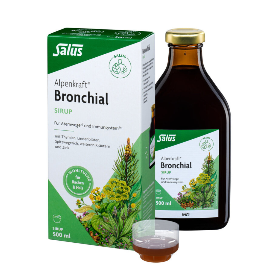 Salus Alpenkraft Bronchial Sirup 500 ml – pflanzlicher Hustensirup mit Thymian, Lindenblüten, Spitzwegerich, Kräutern und Zink zur Unterstützung von Atemwegen und Immunsystem