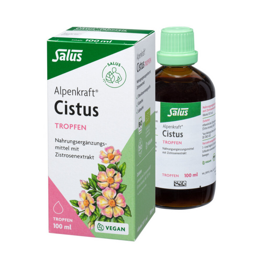 Salus Alpenkraft Cistus Tropfen 100 ml – veganes Bio-Nahrungsergänzungsmittel mit Zistrosenextrakt in Glasflasche und Faltschachtel
