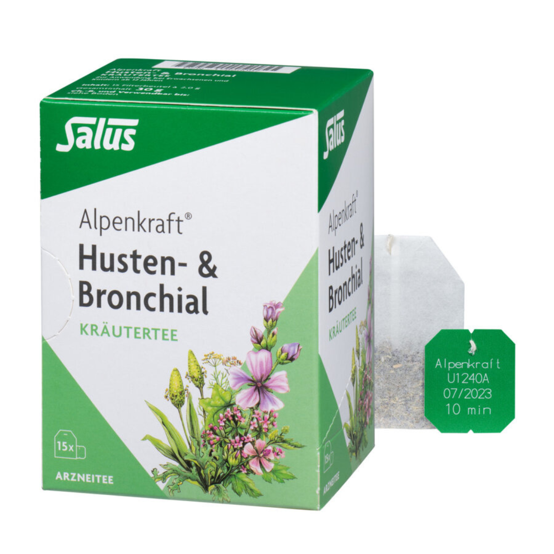 Salus Alpenkraft Husten- und Bronchial Kräutertee 30 g – Packung mit 15 Bio-Teebeuteln für wohltuenden Arzneitee bei Husten