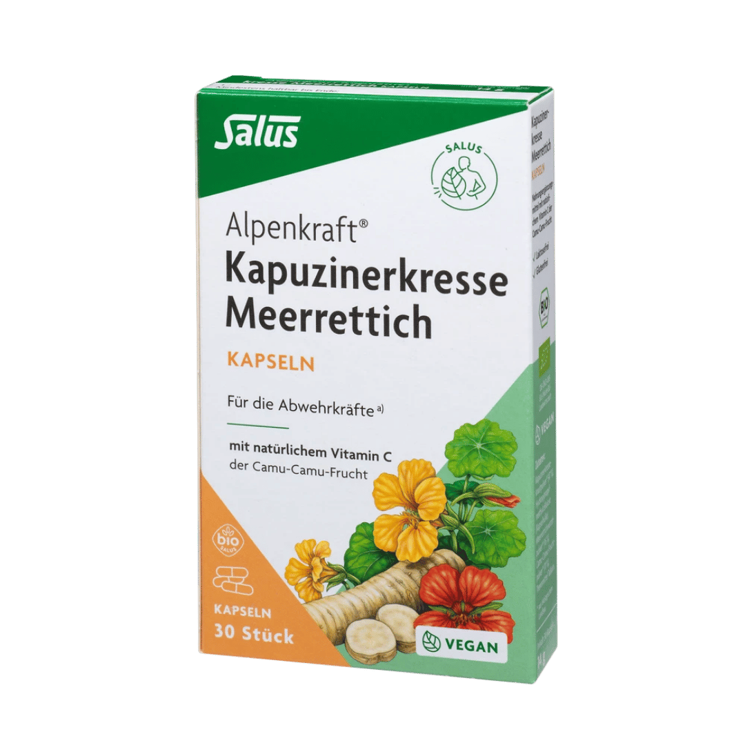 Salus Alpenkraft Kapuzinerkresse Meerrettich – 30 vegane Kapseln im Umkarton, mit natürlichem Vitamin C zur Unterstützung der Abwehrkräfte