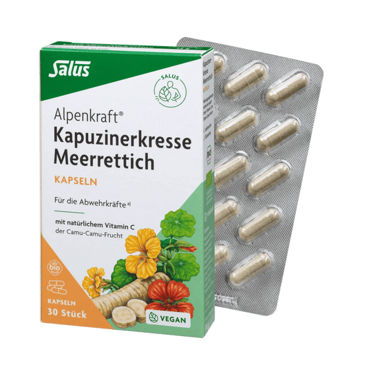 Salus Alpenkraft Kapuzinerkresse Meerrettich – vegane Kapseln im Blister und Umkarton, 30 Stück mit natürlichem Vitamin C