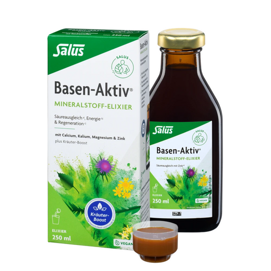 Salus Basen-Aktiv Mineralstoff-Elixier 250 ml – Set aus Verpackung, Glasflasche und Dosierbecher