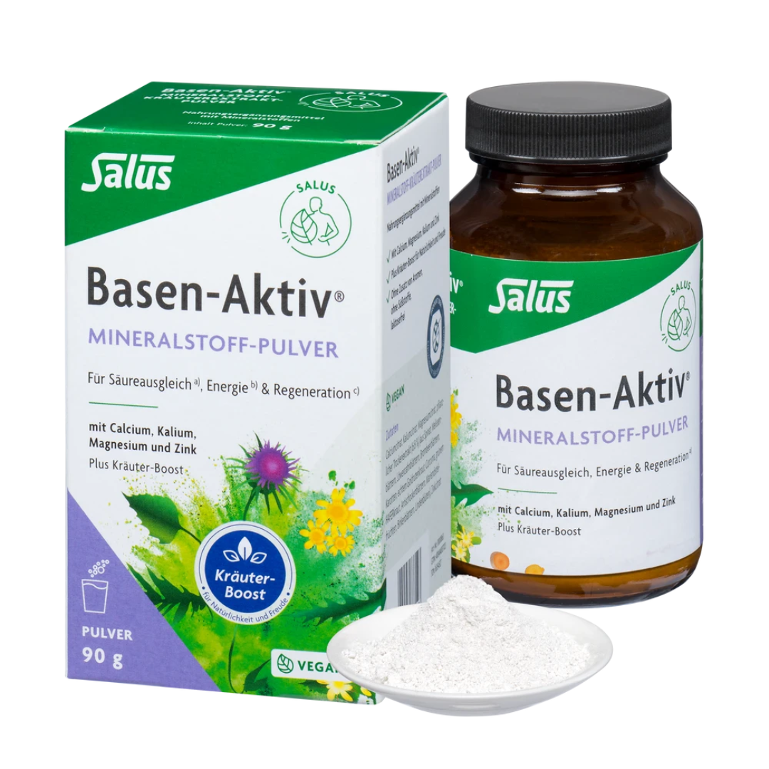 Salus Basen-Aktiv Mineralstoff-Pulver 90 g – vegane Verpackung mit Glasflasche und Pulver