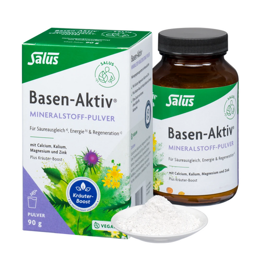 Salus Basen-Aktiv Mineralstoff-Pulver 90 g – vegane Verpackung mit Glasflasche und Pulver