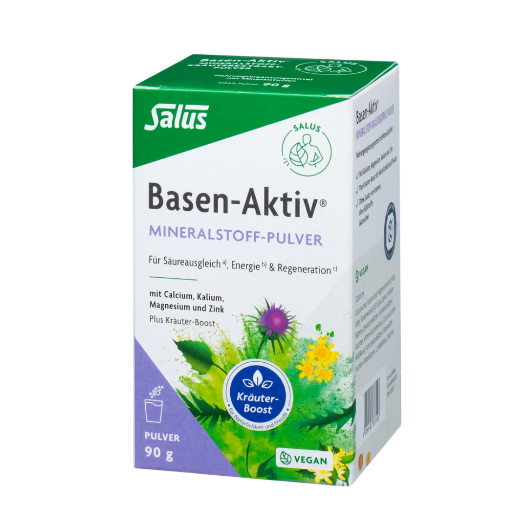 Salus Basen-Aktiv Mineralstoff-Pulver 90 g – Seitenansicht der veganen Verpackung