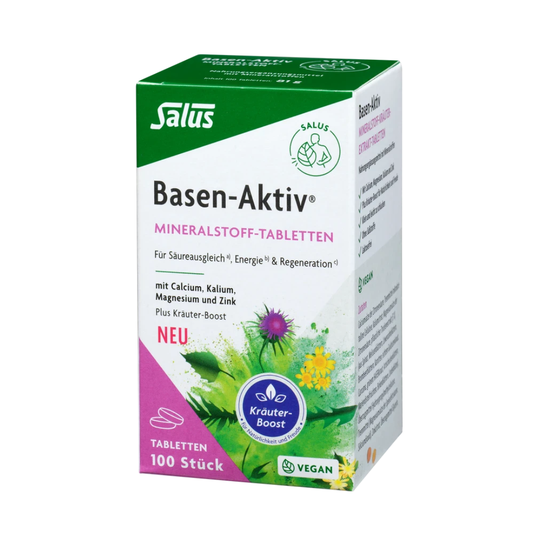Salus Basen-Aktiv Mineralstoff-Tabletten Verpackung – vegane Mineralstofftabletten mit Calcium, Magnesium, Kalium und Zink