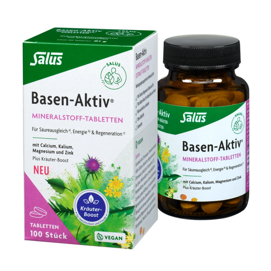 Salus Basen-Aktiv Mineralstoff-Tabletten – vegane Tabletten mit Calcium, Magnesium, Kalium und Zink in Glasflasche und Verpackung