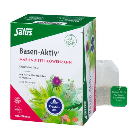 Verpackung des Salus Basen-Aktiv Tees Nr. 2 (Mariendistel-Löwenzahn, 40 Teebeutel) mit losem Teebeutel im Vordergrund.
