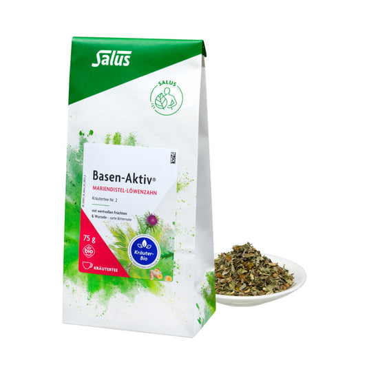 Salus Basen-Aktiv Tee Nr. 2 (75 g) – Bio-Kräutertee mit Mariendistel und Löwenzahn, verpackt, mit losem Tee auf einem Teller.