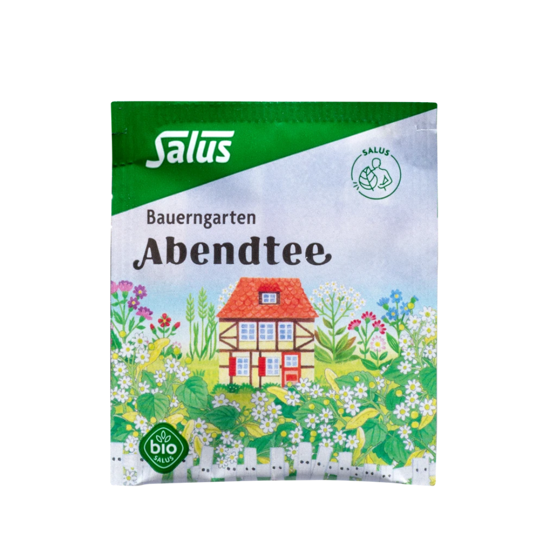 Salus Bauerngarten Abendtee Bio – einzelner Umbeutel mit Bauernhaus-Motiv