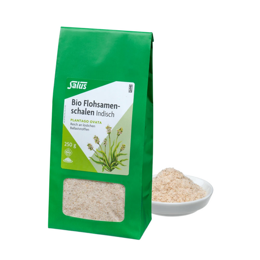 Salus Bio Flohsamenschalen indisch 250 g – Beutel und Flohsamenschalen in Schale