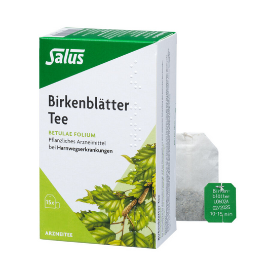 Salus Birkenblätter Tee 15 Filterbeutel – Packung und einzelner Teebeutel