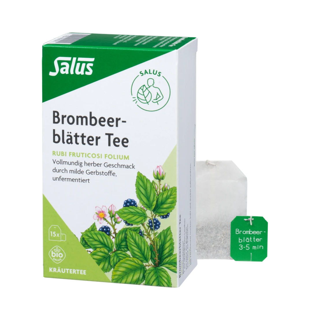 Salus Brombeerblätter Tee 15 Filterbeutel – Packung und einzelner Bio-Teebeutel