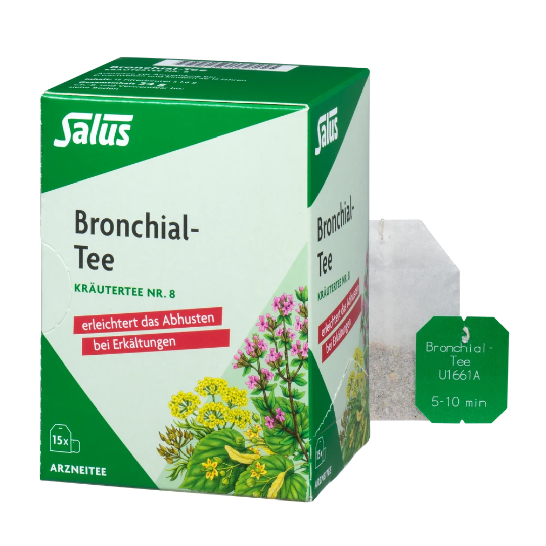 Salus Bronchial-Tee Nr. 8 – Packung und einzelner Filterbeutel Kräutertee bei Erkältungen