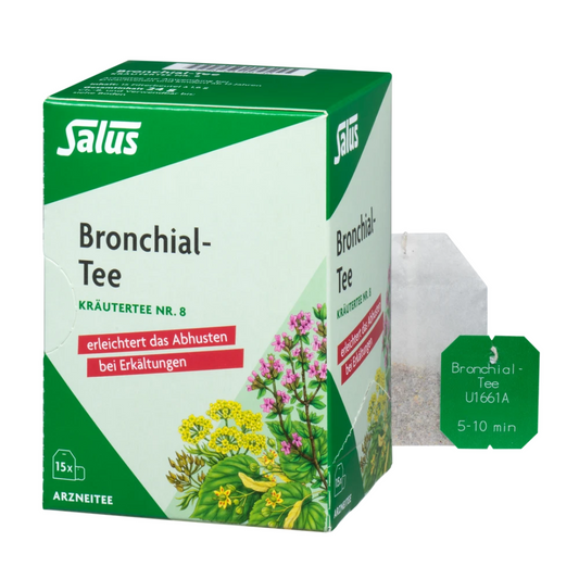 Salus Bronchial-Tee Nr. 8 – Packung und einzelner Filterbeutel Kräutertee bei Erkältungen