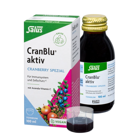 Salus CranBlu aktiv Cranberry Spezial Tonikum 100 ml – vegane Flasche mit Packung und Dosierbecher