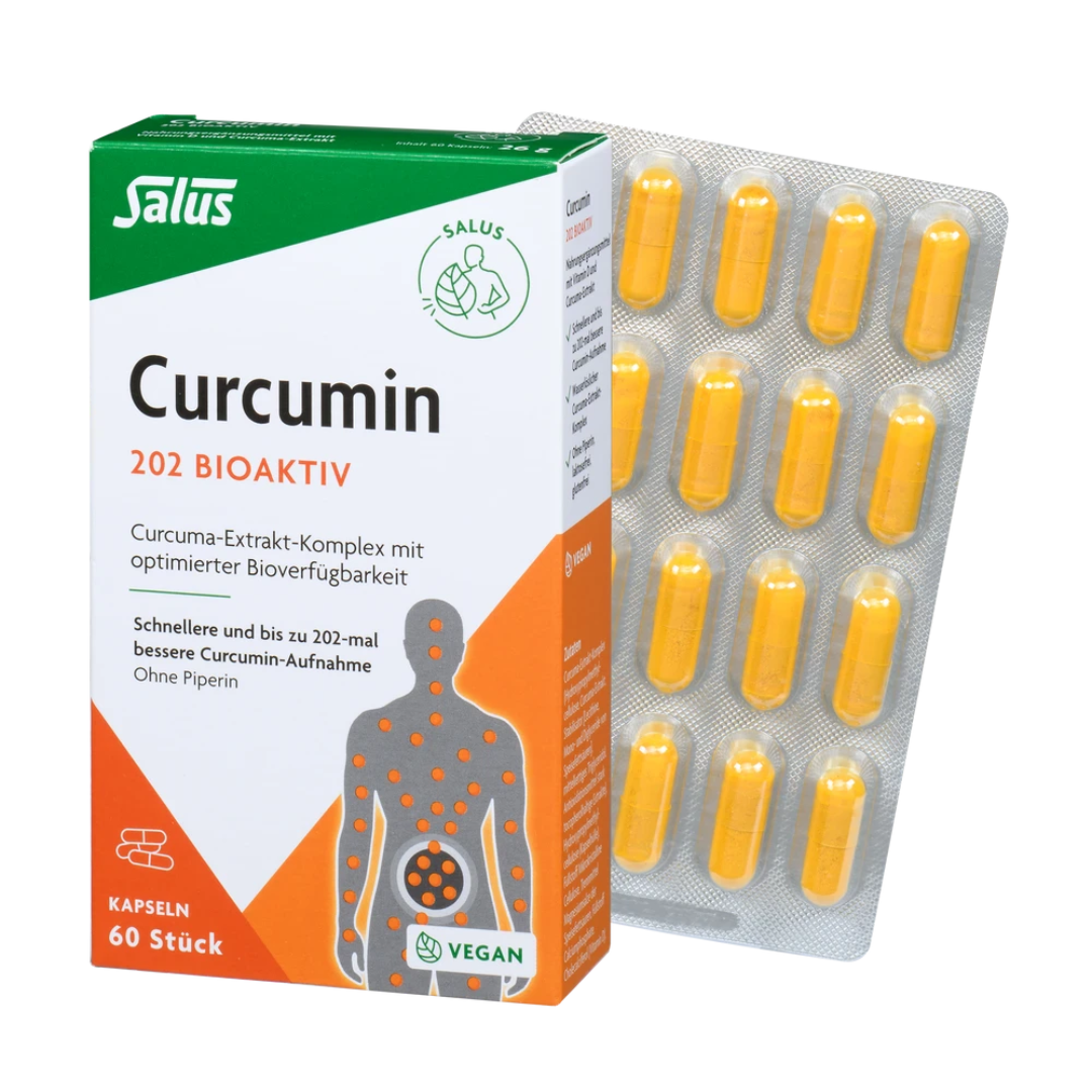 Salus Curcumin 202 Bioaktiv Kapseln – Packung und Blister mit 60 veganen Curcuma-Kapseln