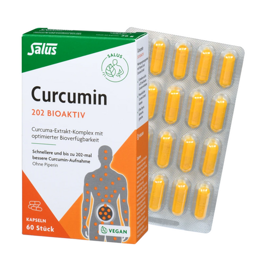 Salus Curcumin 202 Bioaktiv Kapseln – Packung und Blister mit 60 veganen Curcuma-Kapseln