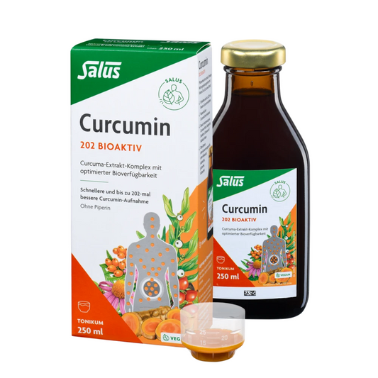 Salus Curcumin 202 Bioaktiv Tonikum 250 ml – vegane Flasche mit Packung und Dosierbecher