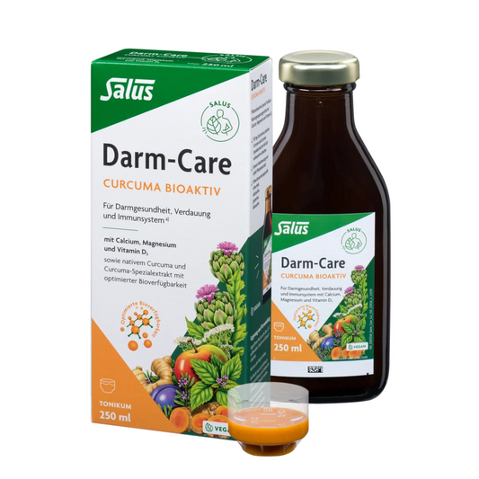 Salus Darm-Care Curcuma Bioaktiv Tonikum 250 ml – Flasche mit Packung und Dosierbecher für Verdauung und Darmgesundheit