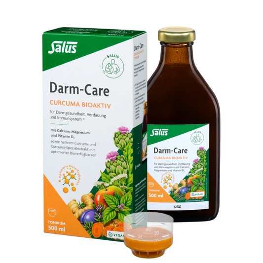 Salus Darm-Care Curcuma Bioaktiv Tonikum 500 ml – Flasche mit Packung und Dosierbecher für Verdauung und Darmgesundheit