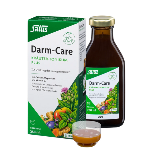 Salus Darm-Care Kräuter-Tonikum Plus 250 ml – vegane Flasche mit Packung und Dosierbecher für Darmgesundheit
