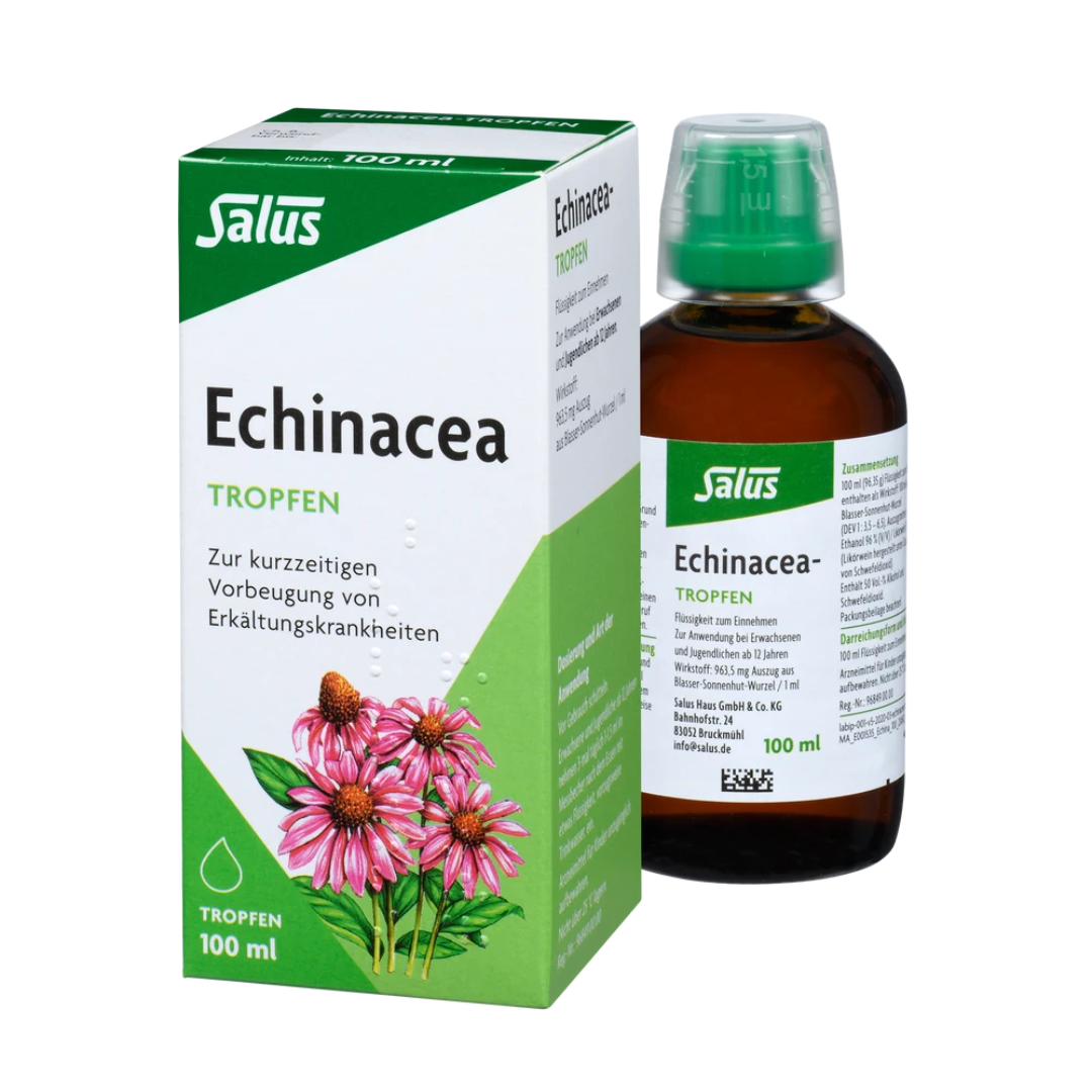 Salus Echinacea Tropfen – 100 ml Braunglasflasche mit Umverpackung und Echinacea-Abbildung