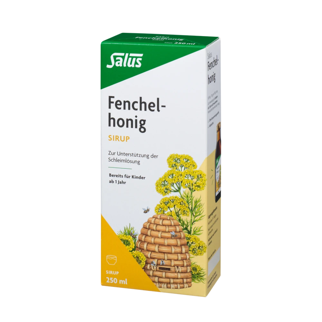 Salus Fenchelhonig Sirup 250 ml – Umverpackung mit Illustration und Anwendungshinweis