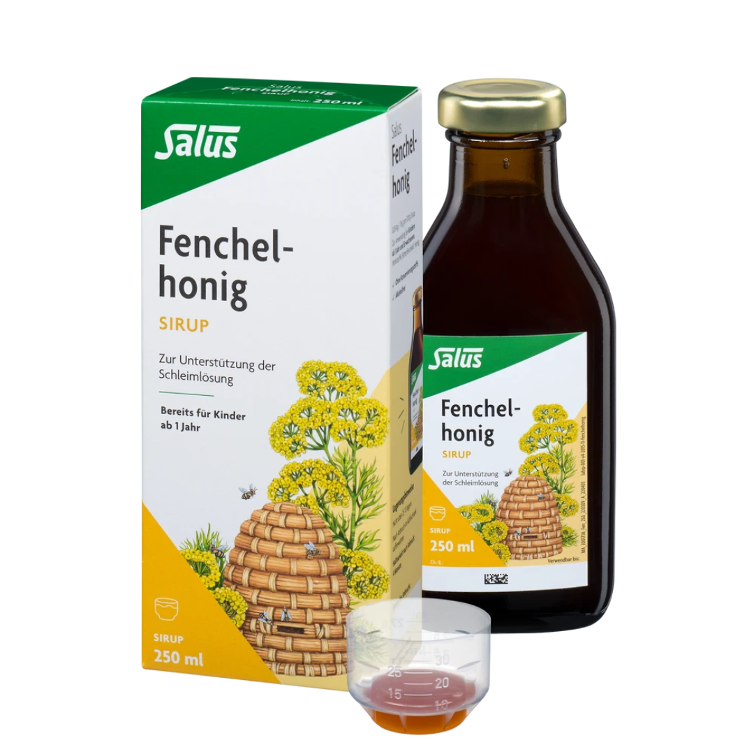 Salus Fenchelhonig Sirup 250 ml – Set mit Flasche, Verpackung und Dosierbecher zur Schleimlösung